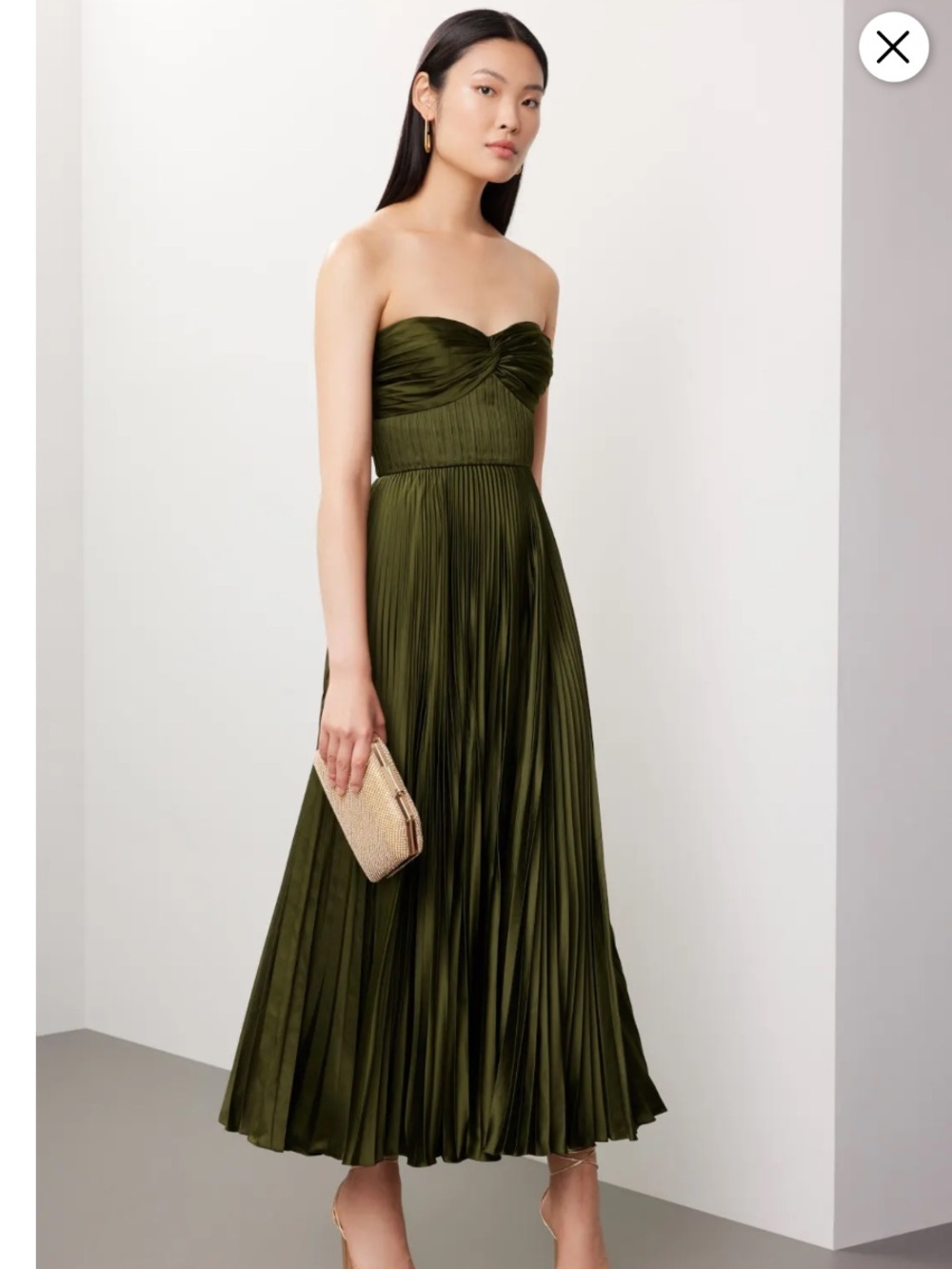 AMUR Olive Green Strapless Pleated Maxi Dress